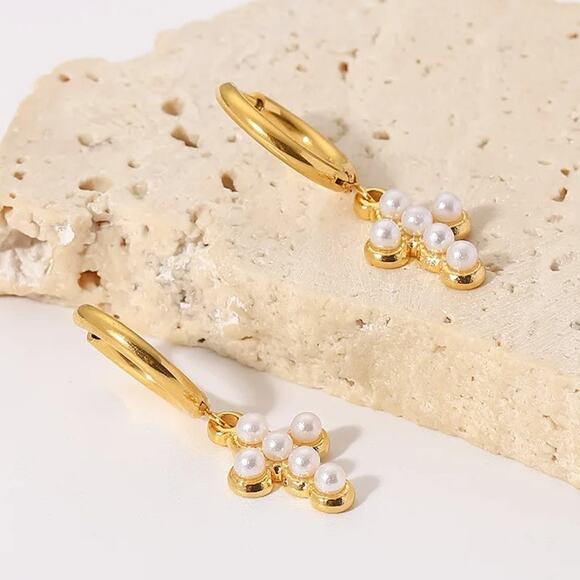 Pearl Cross Dangle Hoop Earrings 18K Gold‎ Plated Stainless Steel - Picture 3 of 7